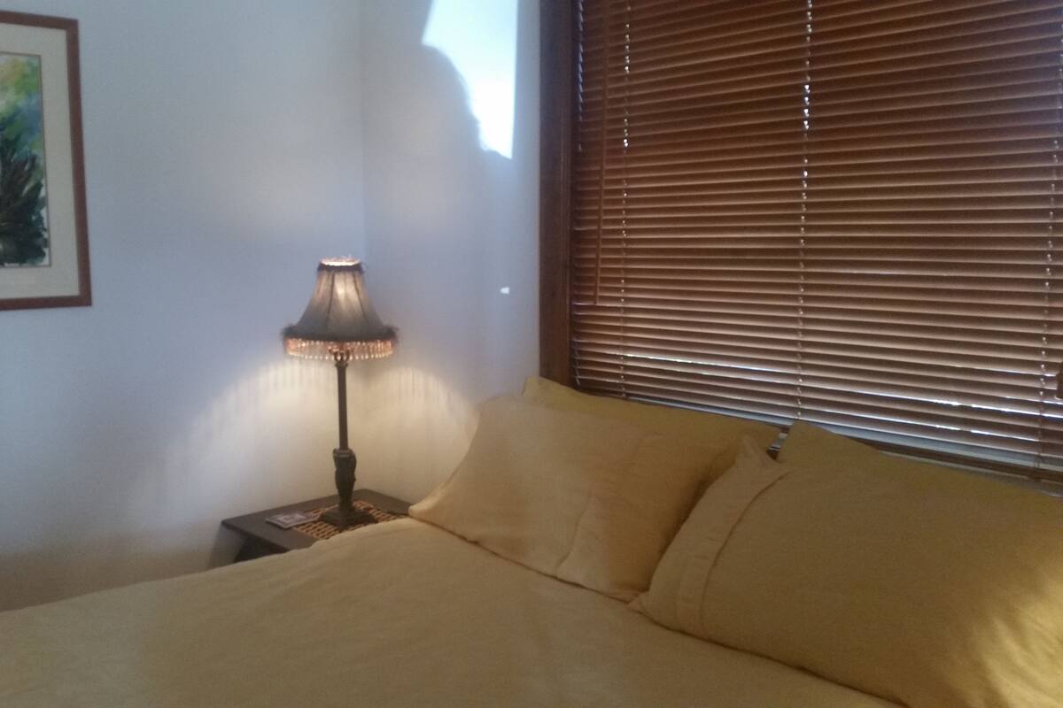 A bedroom with a bed, a lamp, a window with blinds, and a framed picture on the wall.