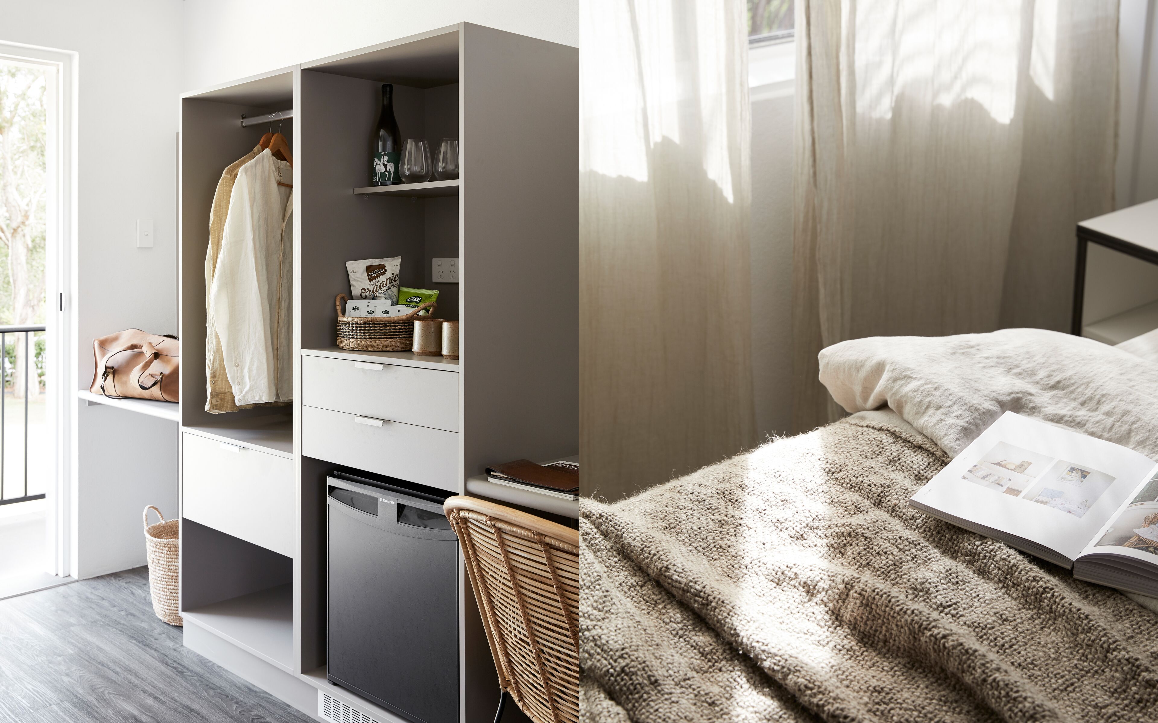 A modern bedroom with a bed, a book, and a view of a balcony.