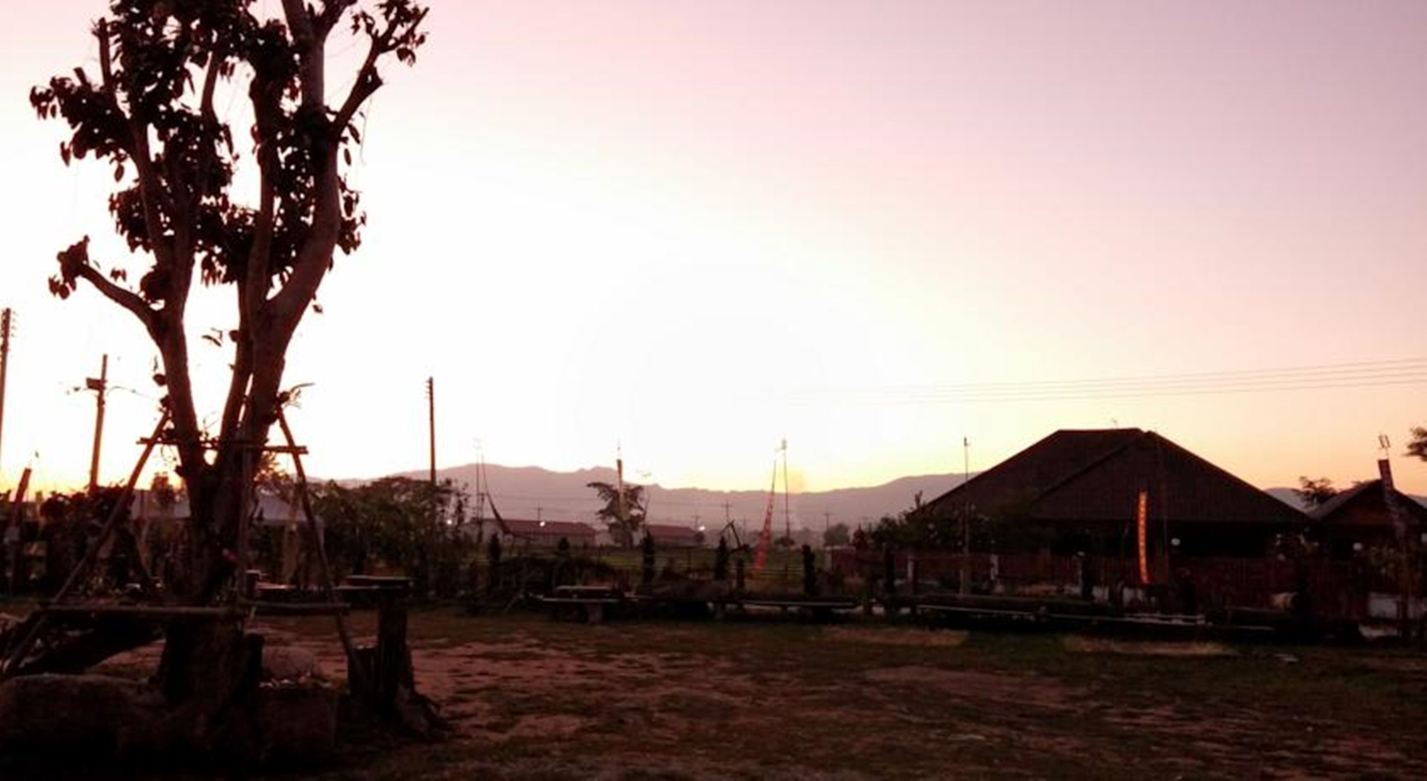 A rural landscape with a large tree, a small building, and distant mountains during sunset.