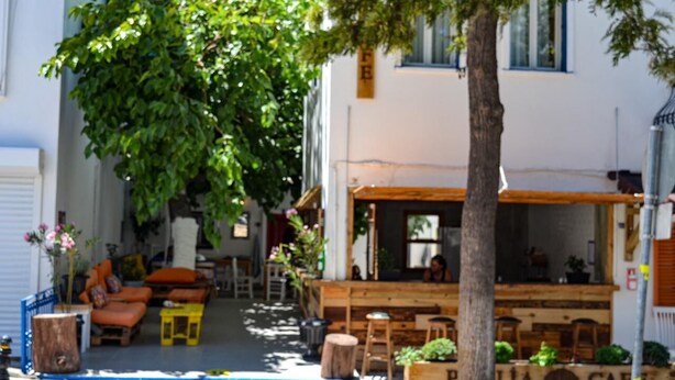 A cozy outdoor seating area with wooden tables and chairs, surrounded by potted plants and a large tree providing shade. - Merih Hotel (Bodrum)