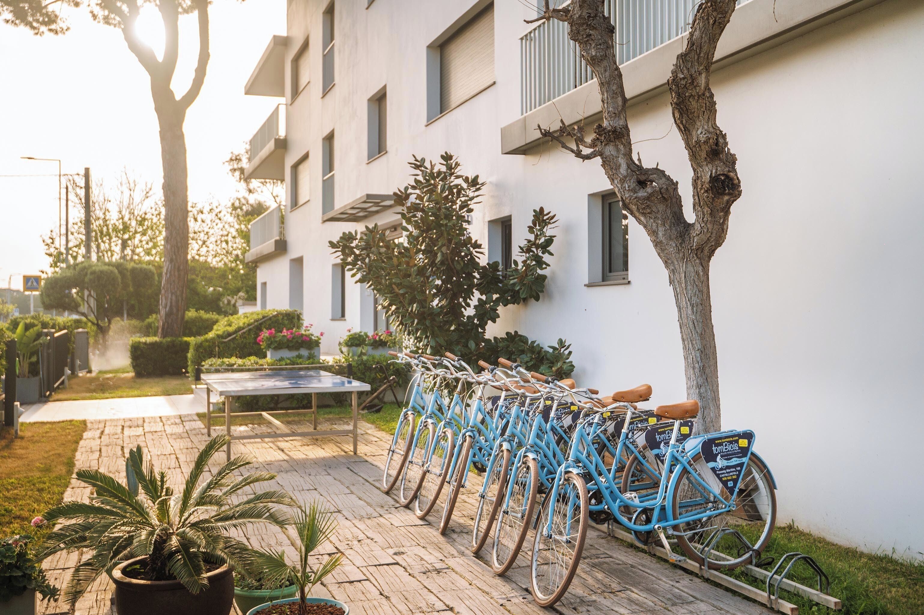 Una hilera de bicicletas estacionadas junto a un edificio, una mesa con sillas y plantas en macetas.