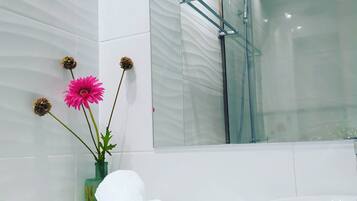 Douche, sèche-cheveux, serviettes fournies