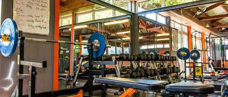 A gym with weightlifting equipment, benches, and a whiteboard with exercise information.