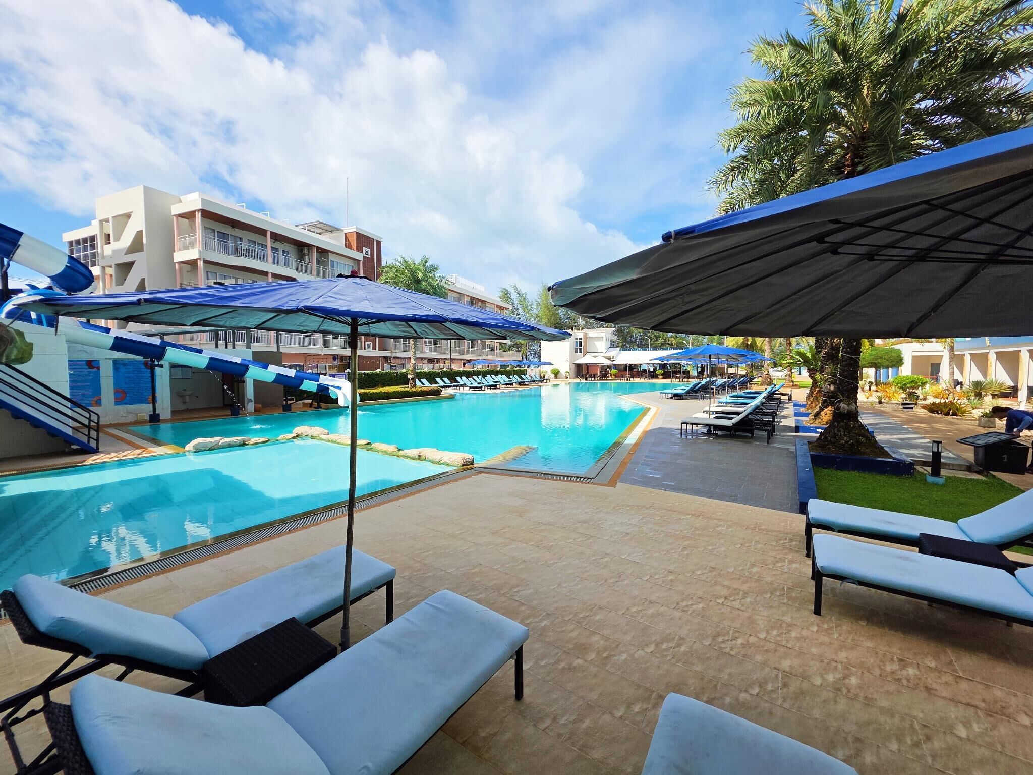 A swimming pool area with lounge chairs and umbrellas, surrounded by buildings and palm trees.
