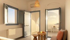 Un dormitorio moderno con una cama grande, una mesita de madera y vistas de la ciudad a través de puertas abiertas.