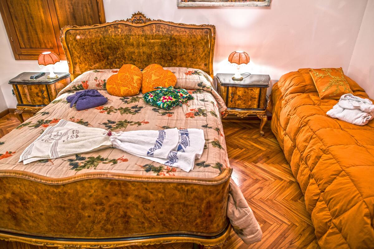 Una cama con colcha estampada, dos almohadas y una manta. Hay dos mesitas de noche con lámparas y un cabecero de madera.
