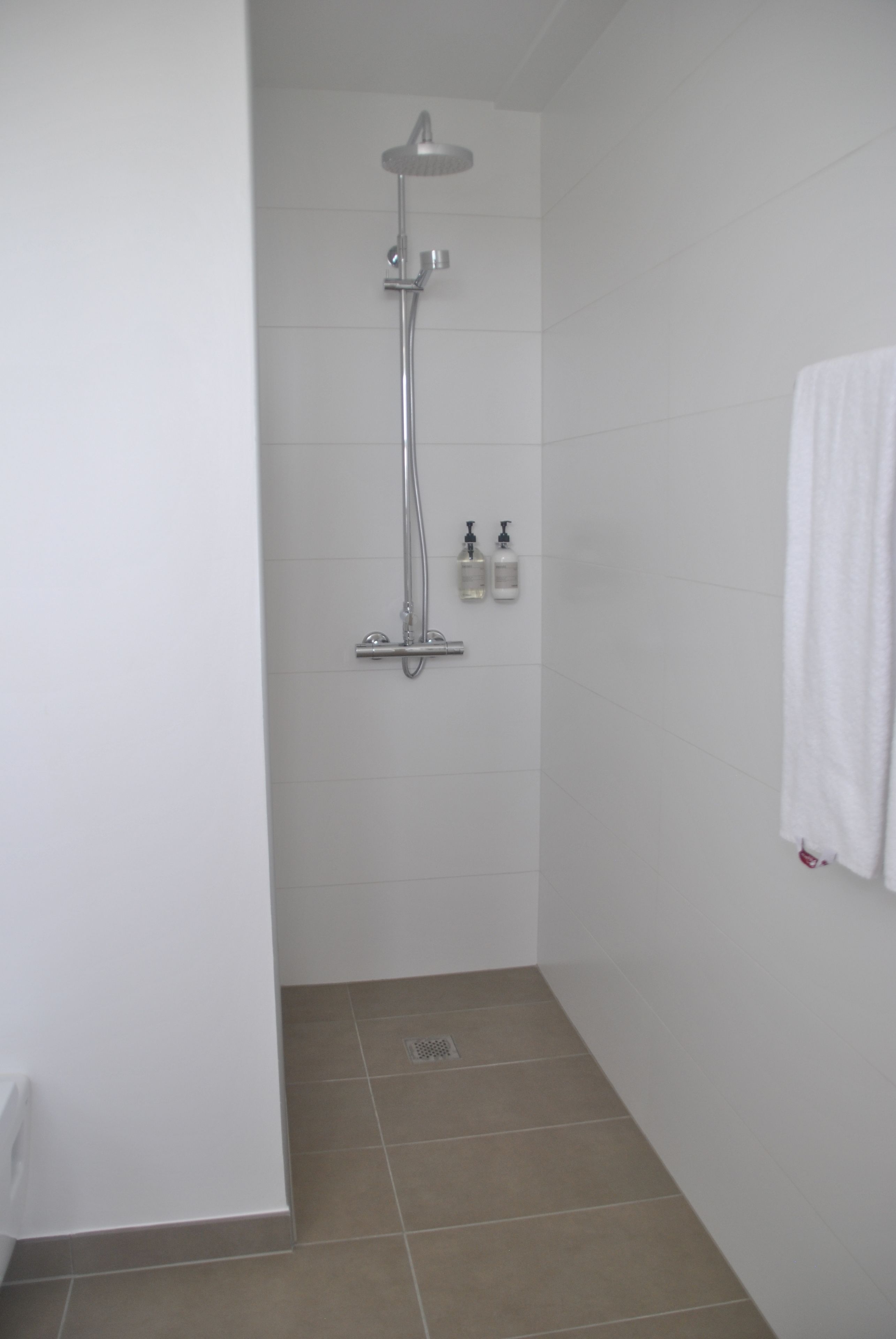 Eine Dusche mit Duschbrause, zwei Shampoo-Flaschen und ein Handtuch an der Wand.