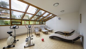 A spacious room with a skylight, exercise equipment, lounge chairs, and a red exercise ball. - Hotel Pavilon (Ricany)