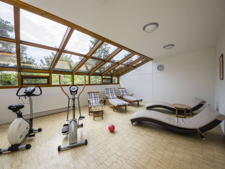 A spacious room with a skylight, exercise equipment, lounge chairs, and a red exercise ball.