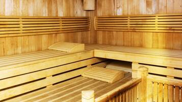 Eine Holzsauna mit Bänken und einer Steinsitzbank.