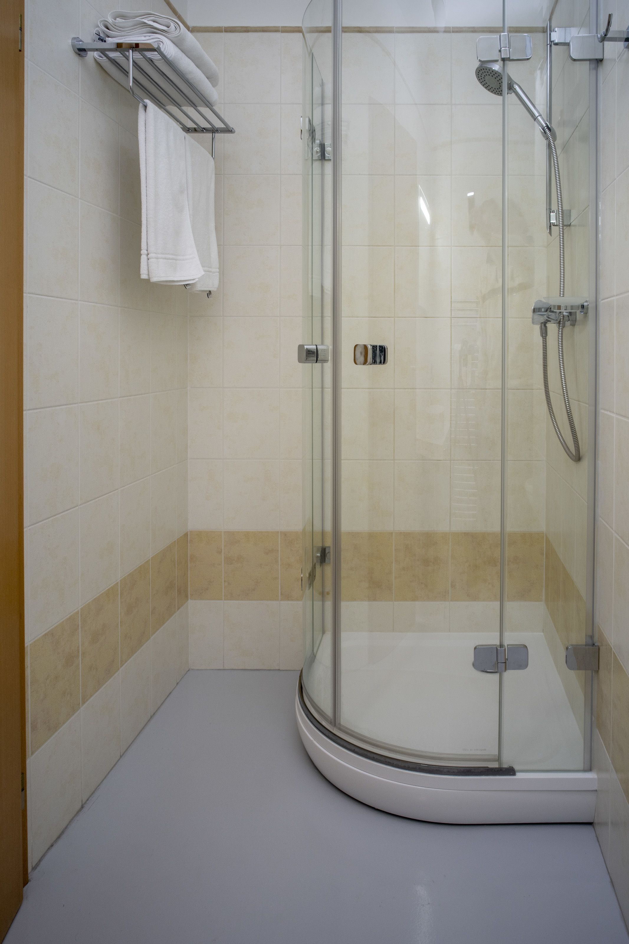 Cabina de ducha con paredes de vidrio, un cabezal de ducha manual, un perchero con toallas dobladas y un dispensador de papel higiénico en la pared.