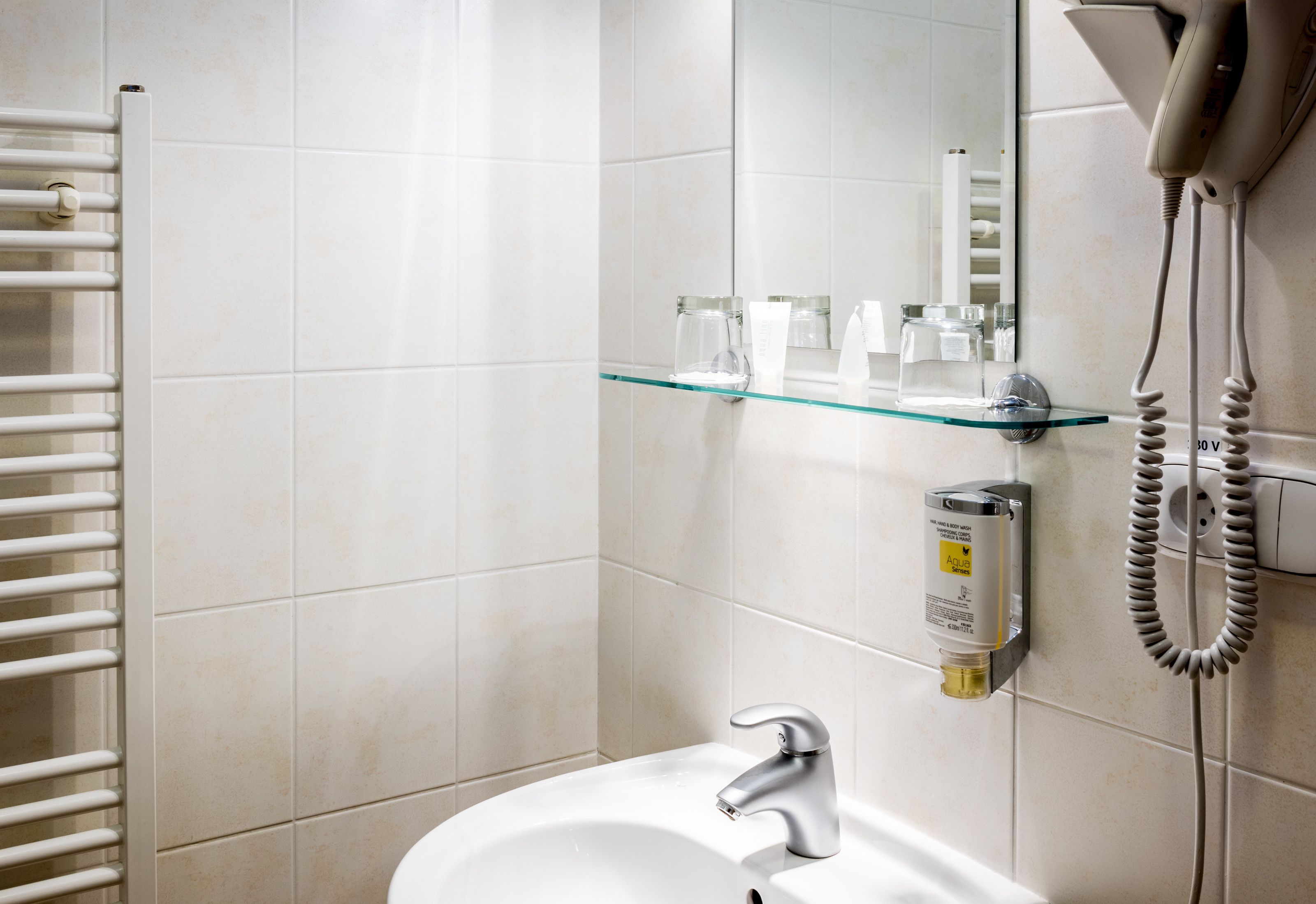 Een badkamer met een witte wastafel, een glazen plank met toiletartikelen, een haardroger en een handdoekhouder.