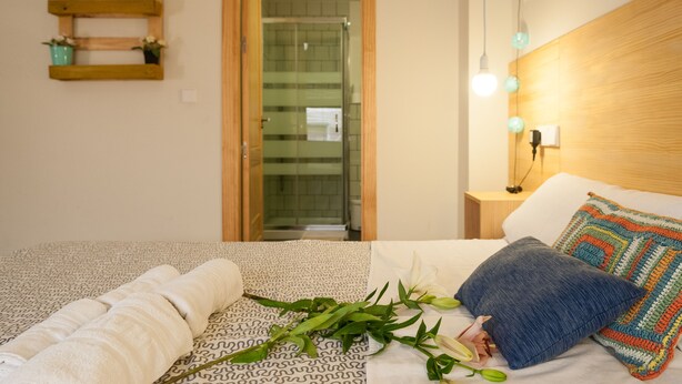 A hotel room with a bed, a wooden headboard, a nightstand, a wall-mounted TV, and a shower area visible through an open door. - The Nomad Hostel (Seville)