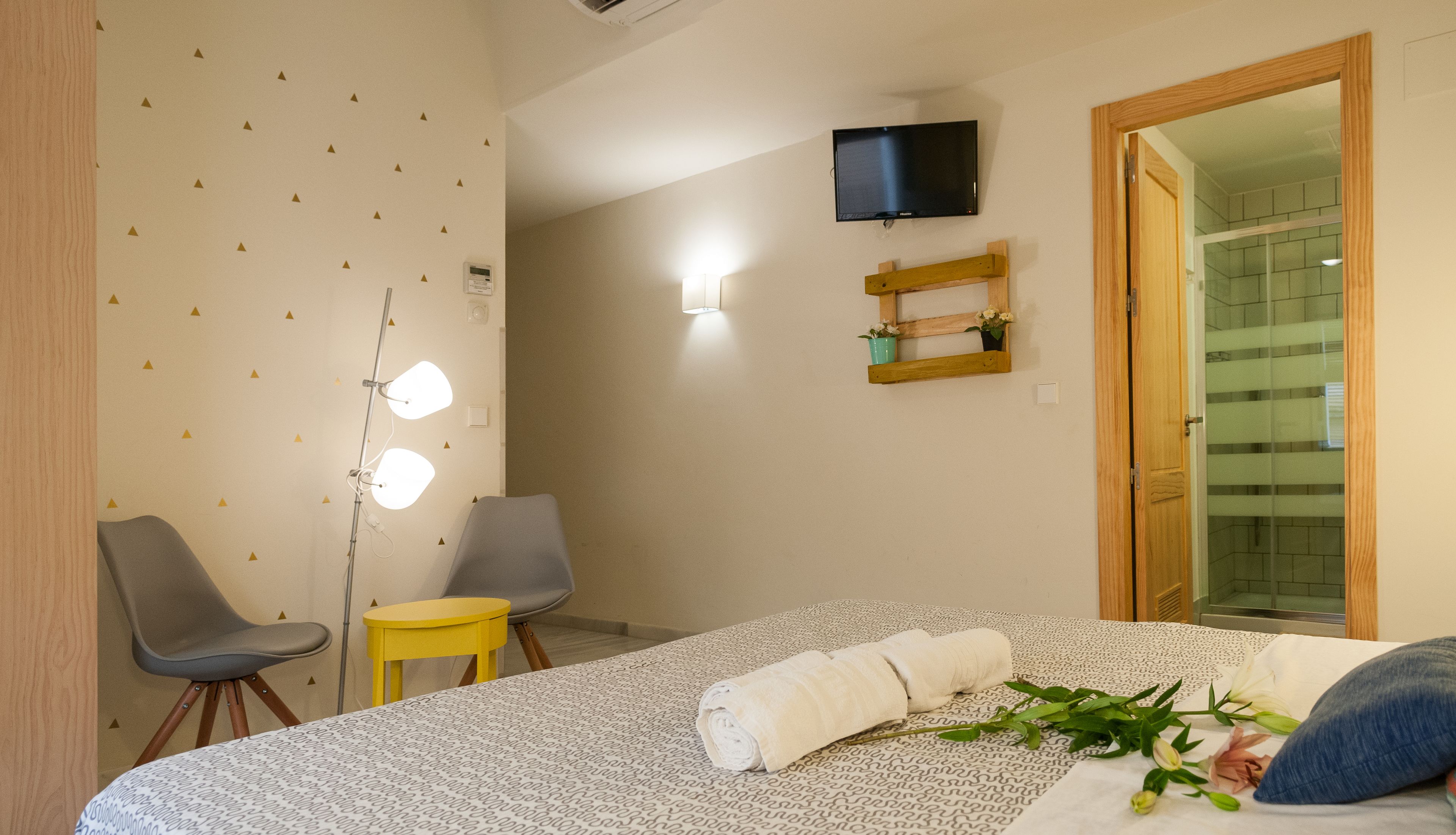 A hotel room with a bed, two chairs, a small table, a TV, and a shower area.