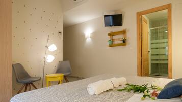 A hotel room with a bed, two chairs, a small table, a TV, and a shower area.