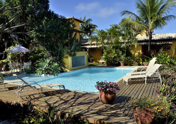 Relax by the serene pool surrounded by lush greenery and palm trees.
