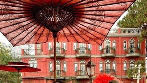 Une personne est assise à une table à l’extérieur, un menu à portée de main, sous un grand parasol rouge, avec un bâtiment rouge en arrière-plan.