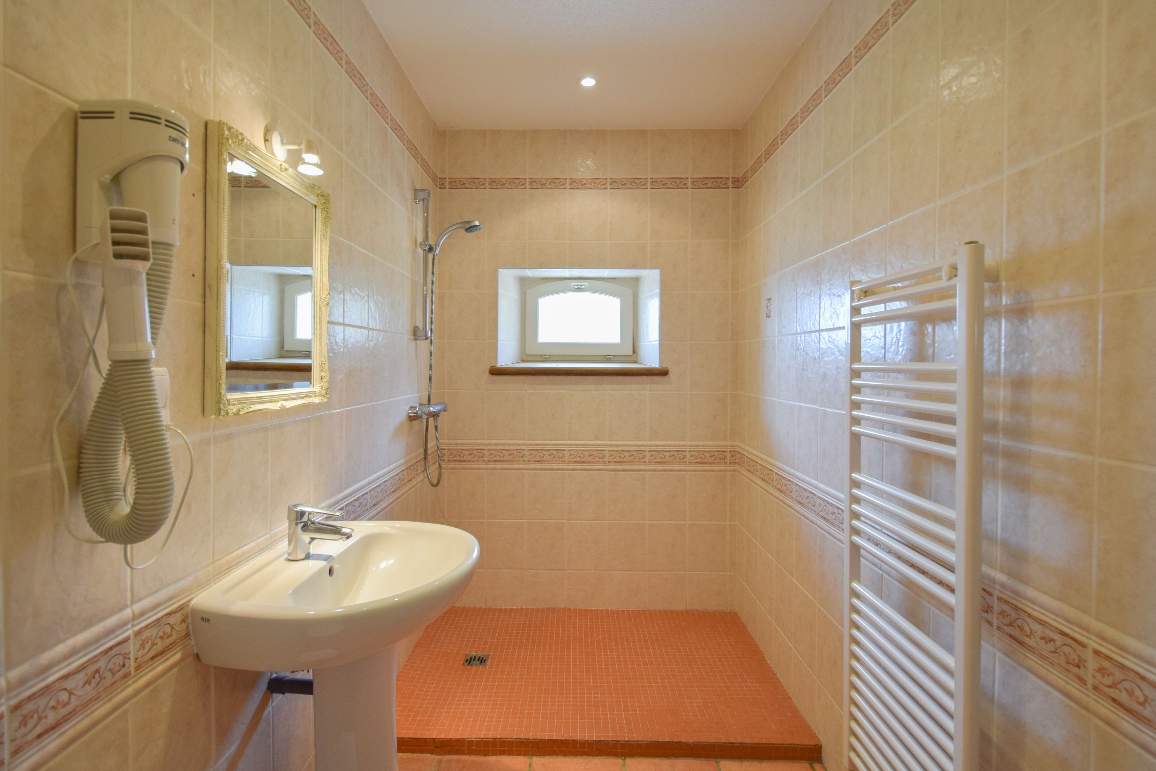 A bathroom with a sink, mirror, hairdryer, shower, and a window.
