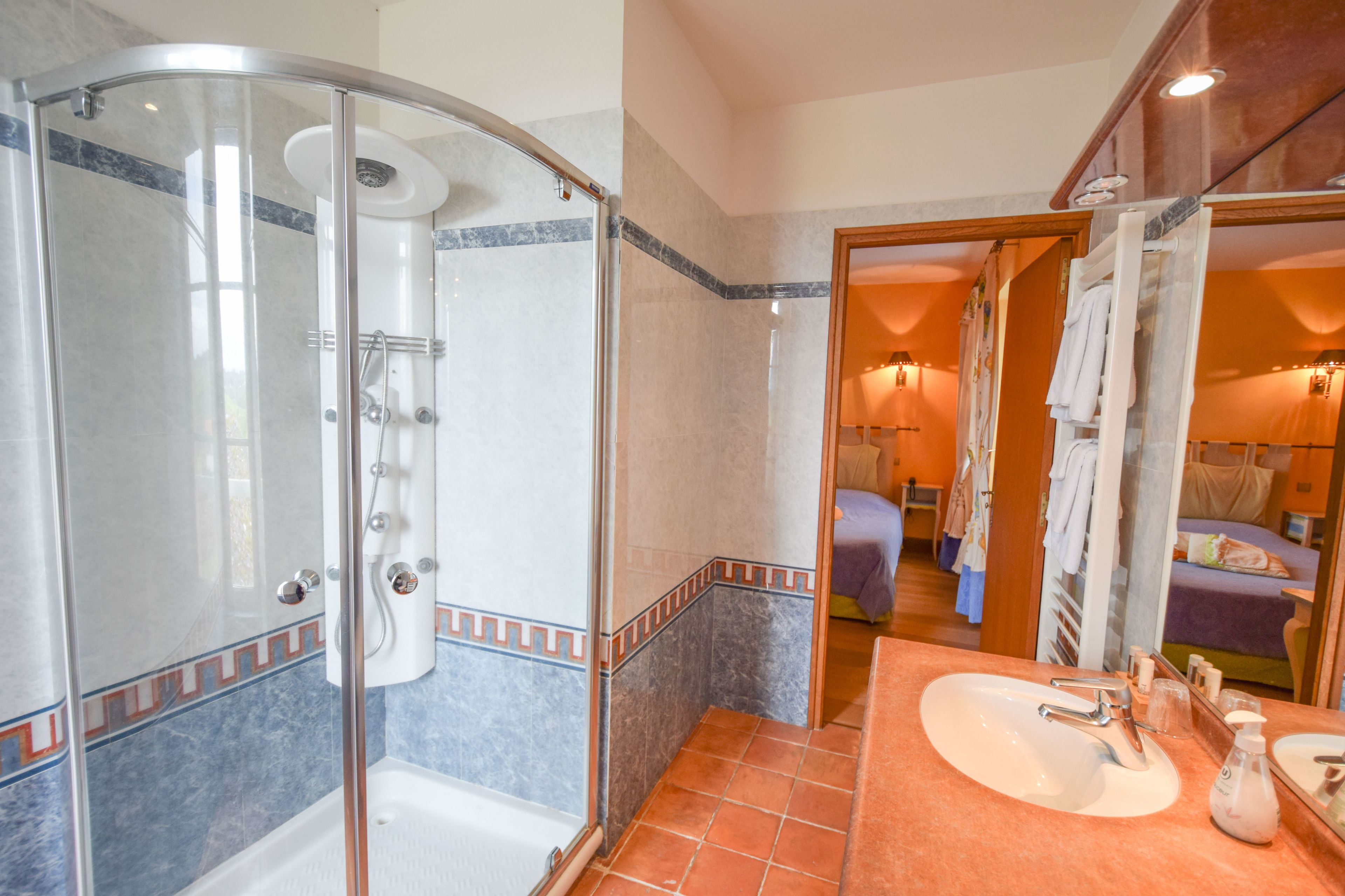A bathroom with a glass-enclosed shower, a sink with a mirror, and a bed visible through an open doorway.