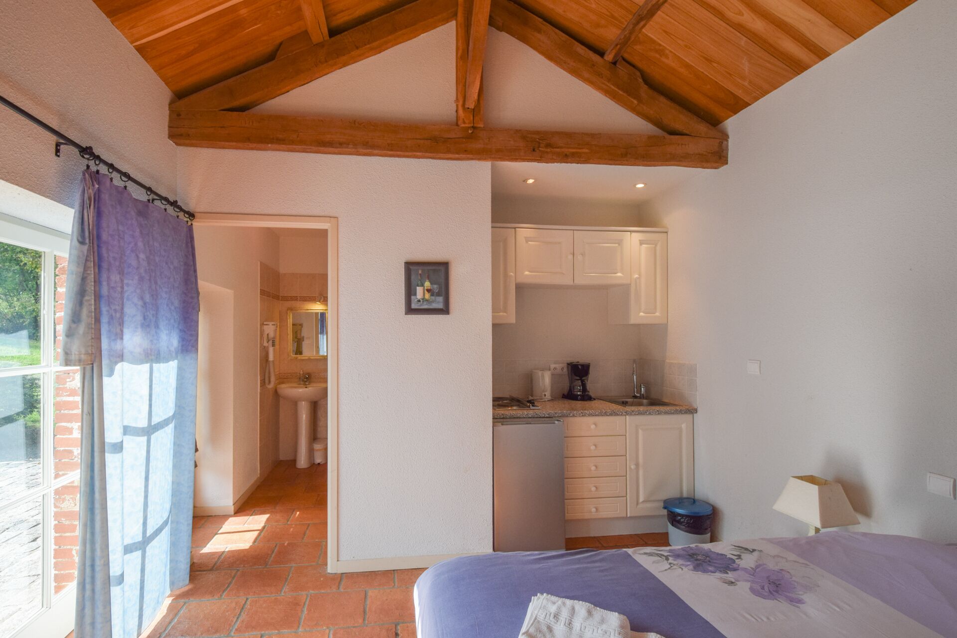 A bedroom with a bed, a bathroom, and a kitchenette.