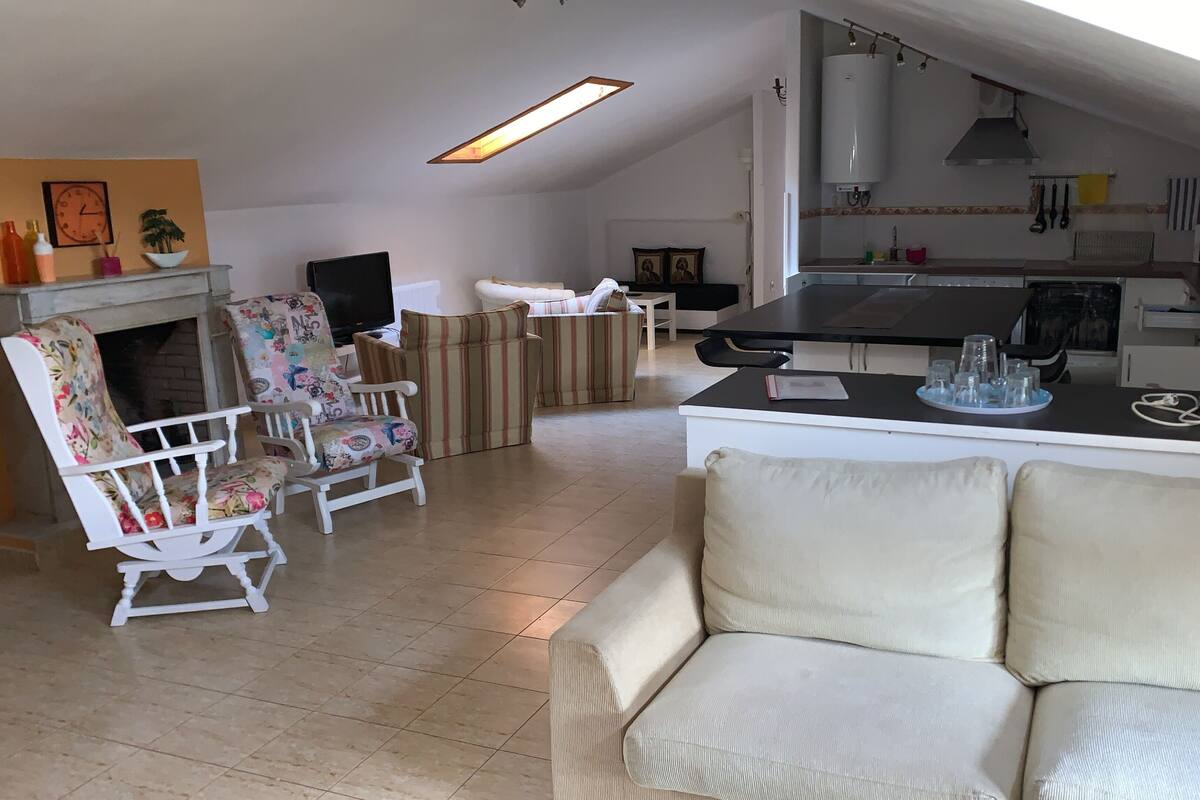 Un salon comprenant un canapé, des fauteuils, un téléviseur et un coin cuisine avec un four à micro-ondes et un évier.