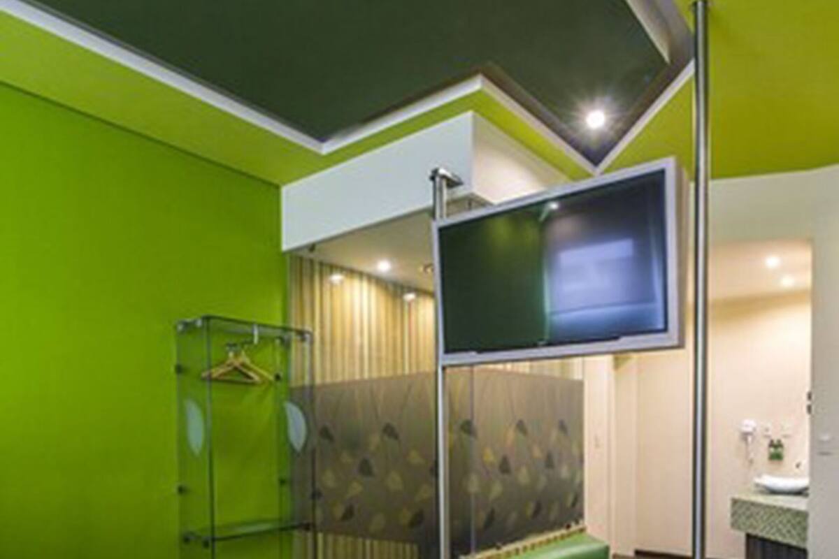 Une chambre d’hôtel avec un lit, un canapé vert, une télévision et un espace douche.