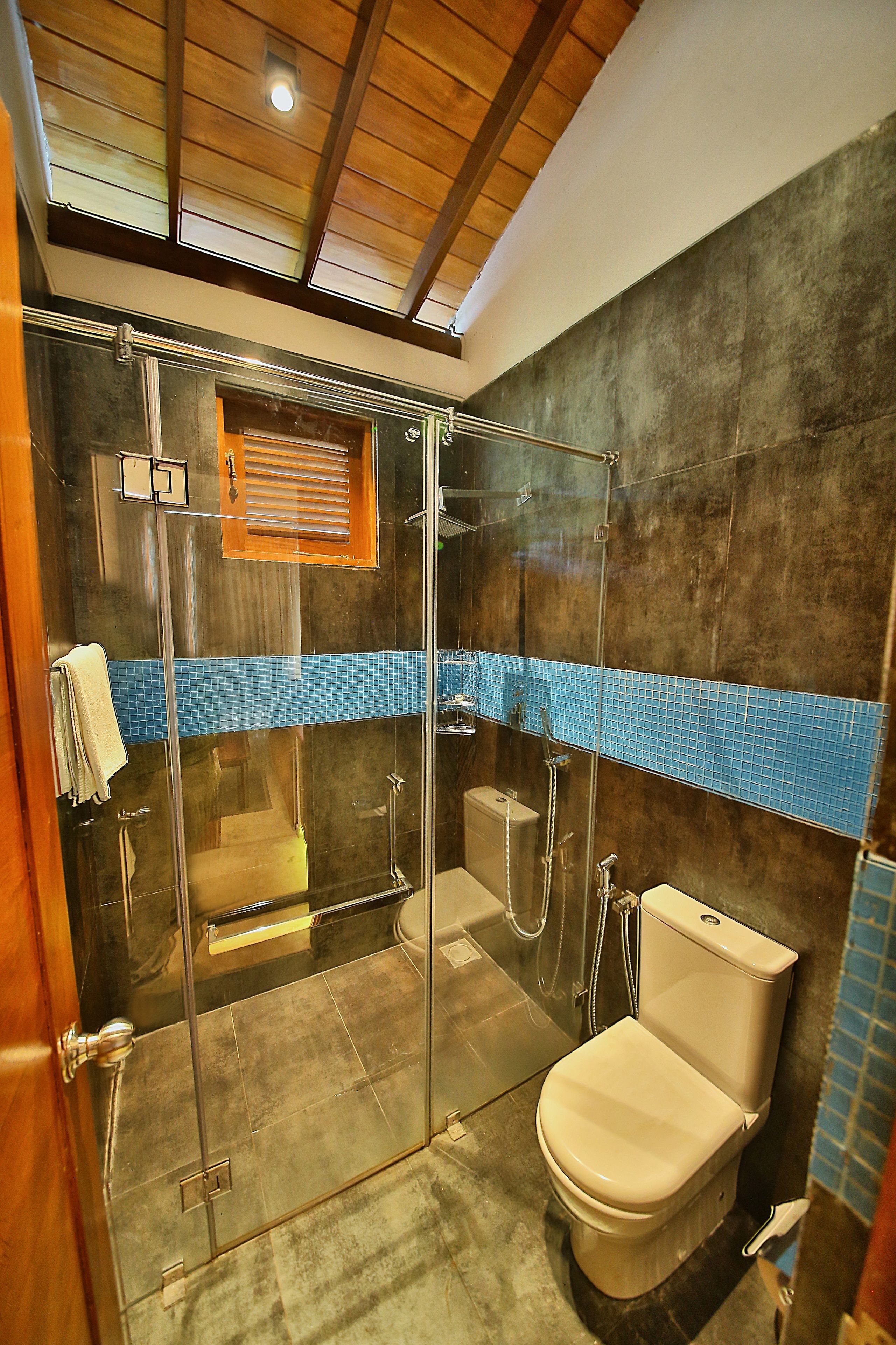 A modern bathroom with a glass-enclosed shower, a toilet, and a blue-tiled accent wall.
