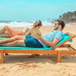 On the beach, sun-loungers, beach umbrellas