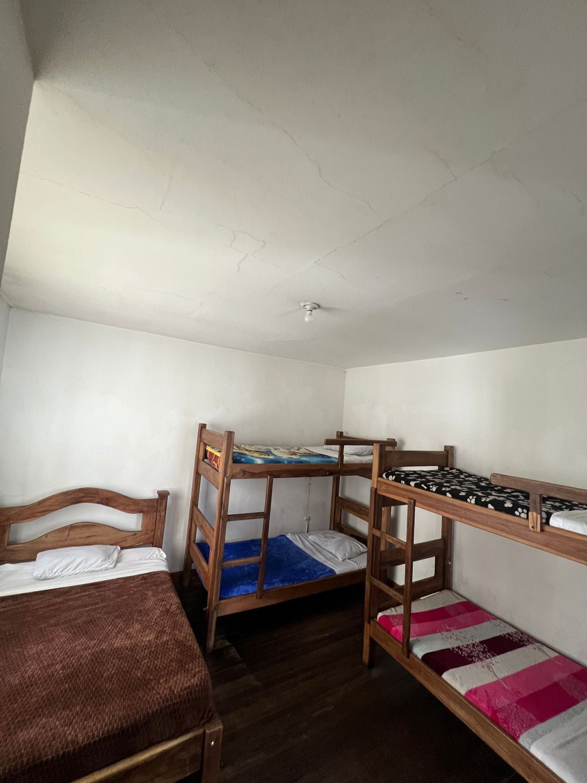 A dormitory room with bunk beds and a single bed.