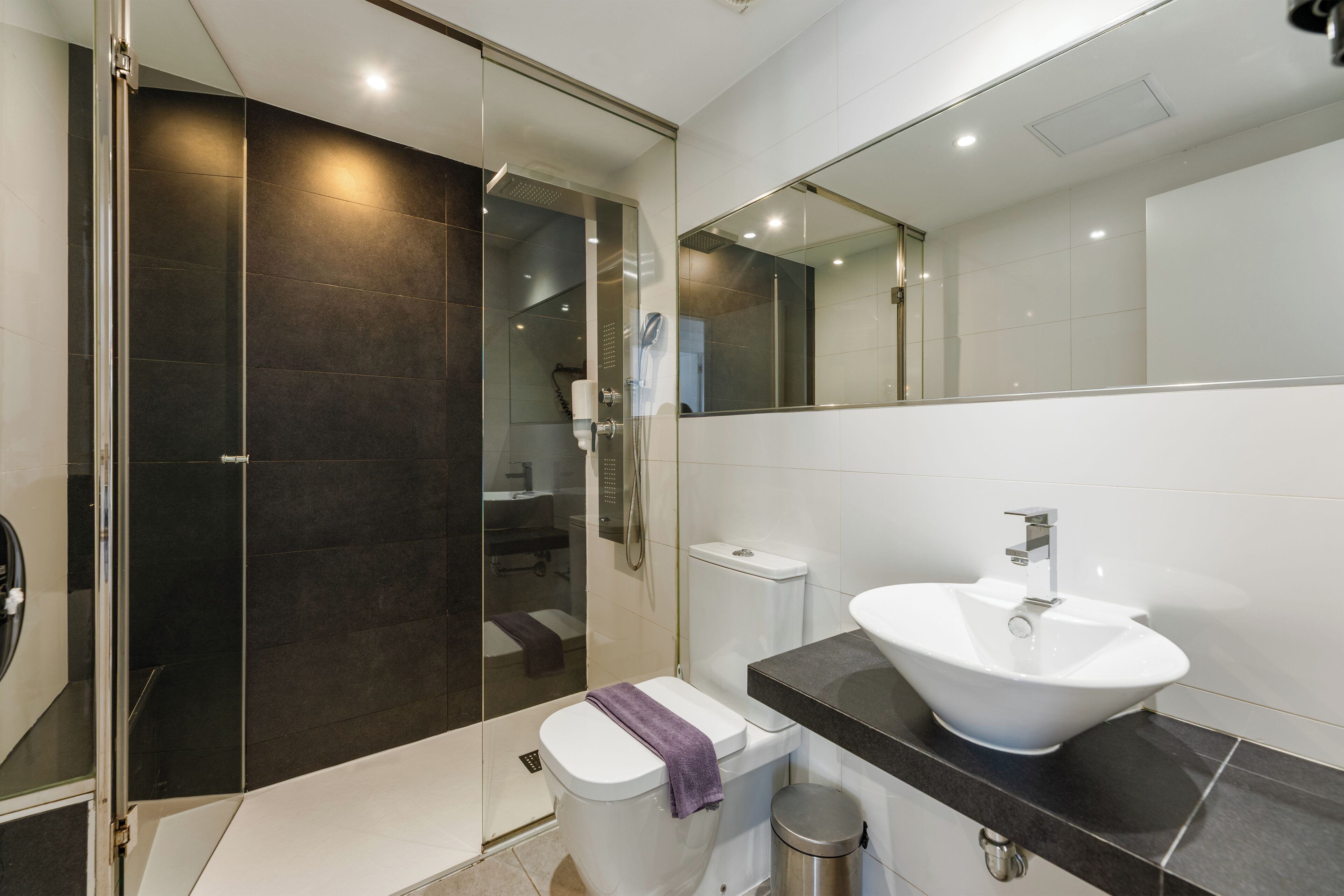 A modern bathroom with a glass-enclosed shower, a white toilet, and a large mirror above a black countertop with a white sink.