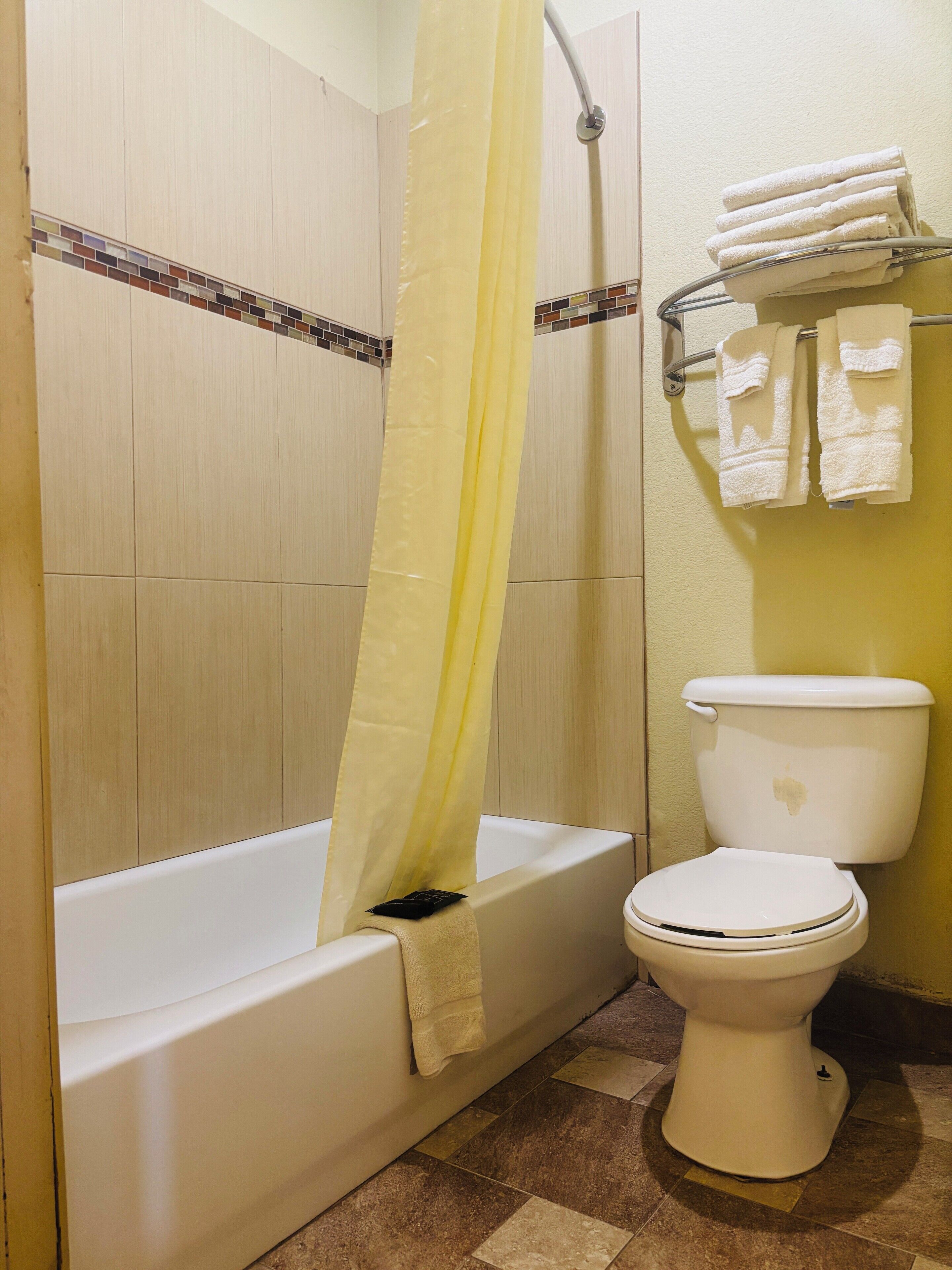 A bathroom with a bathtub, toilet, and a shower curtain.