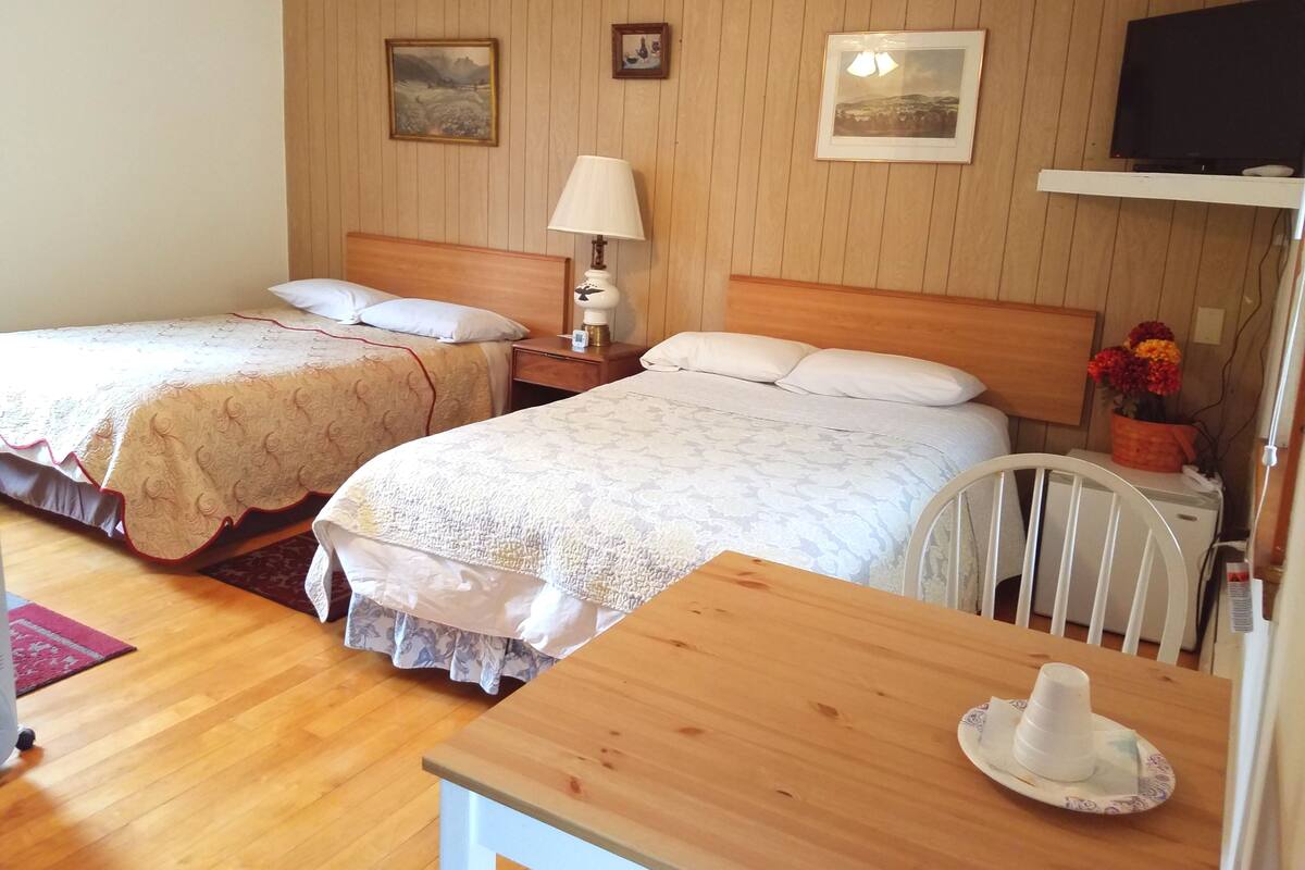 A hotel room with two beds, a wooden headboard, a nightstand with a lamp, a television, and a small table with a cup.