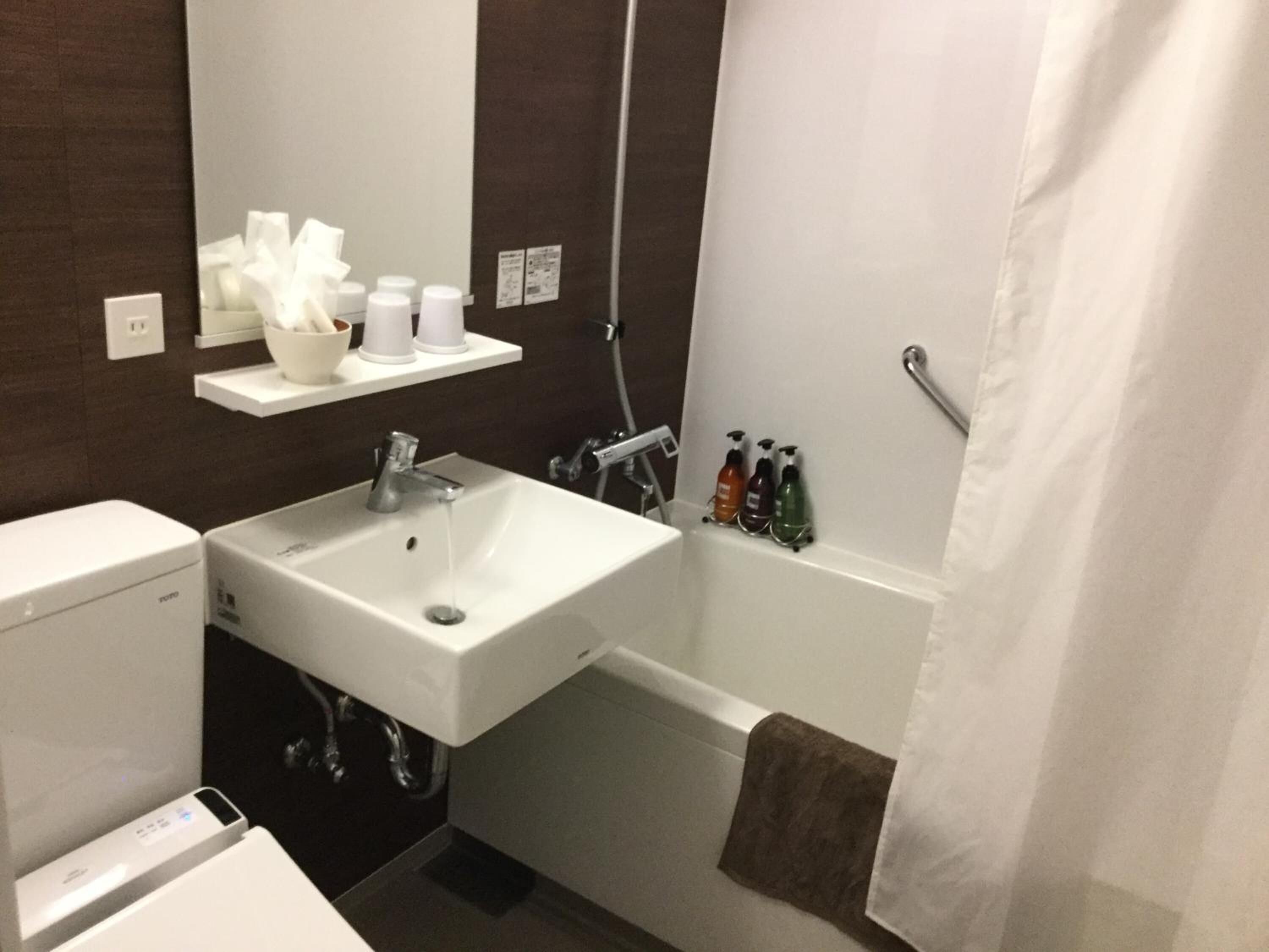 combined shower/bathtub, free toiletries, hair dryer, slippers