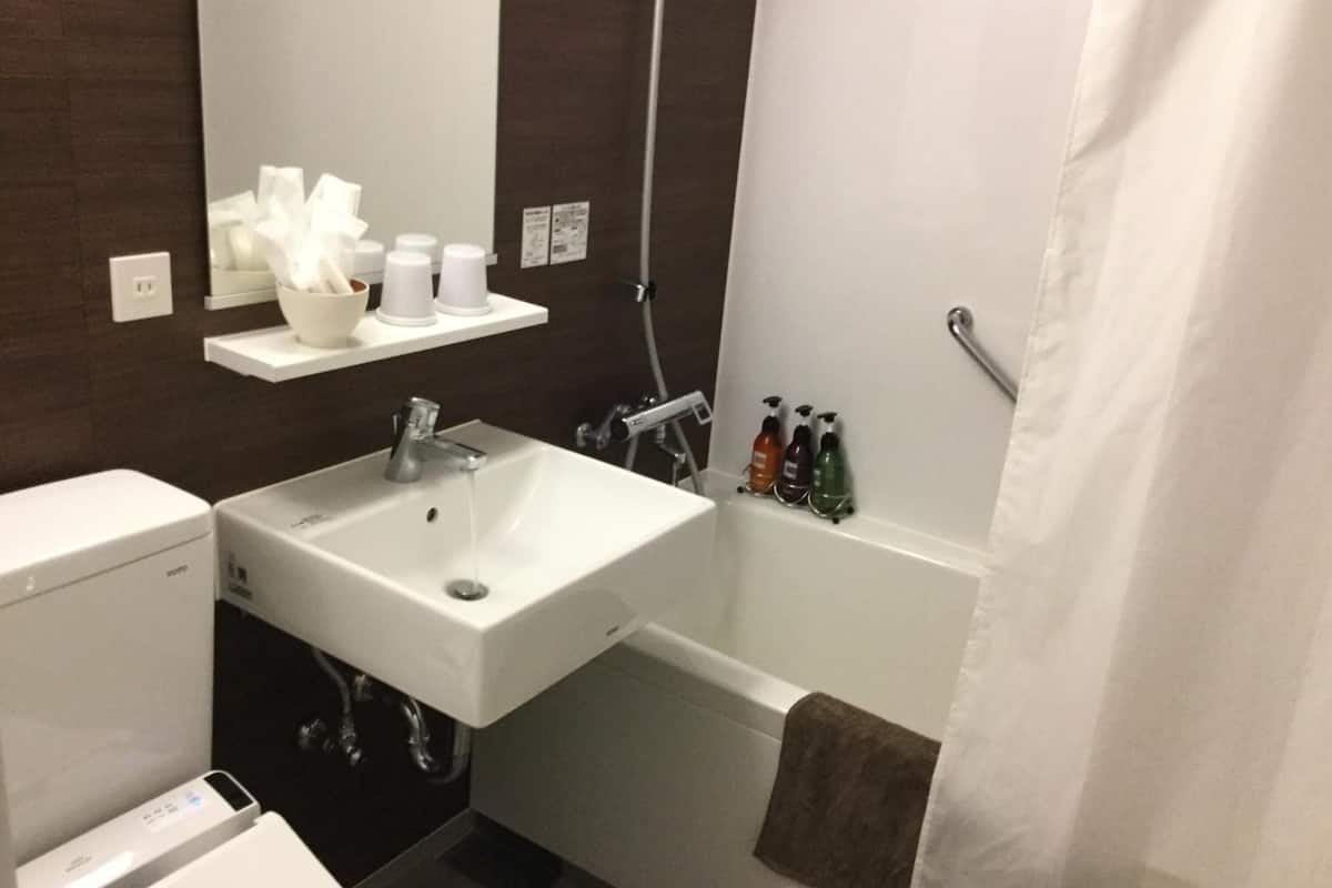 combined shower/bathtub, free toiletries, hair dryer, slippers
