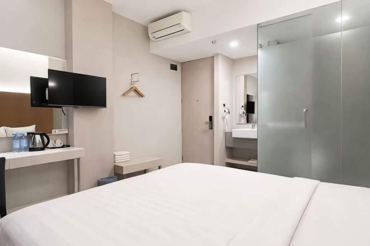 A hotel room with a bed, a TV, a desk with a coffee maker, a mirror, and a wardrobe.