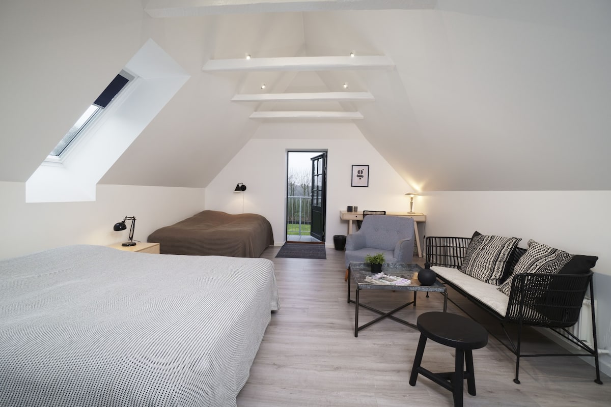 A modern loft bedroom with a sloped ceiling, a skylight, a bed, a sofa, a coffee table, and a desk.