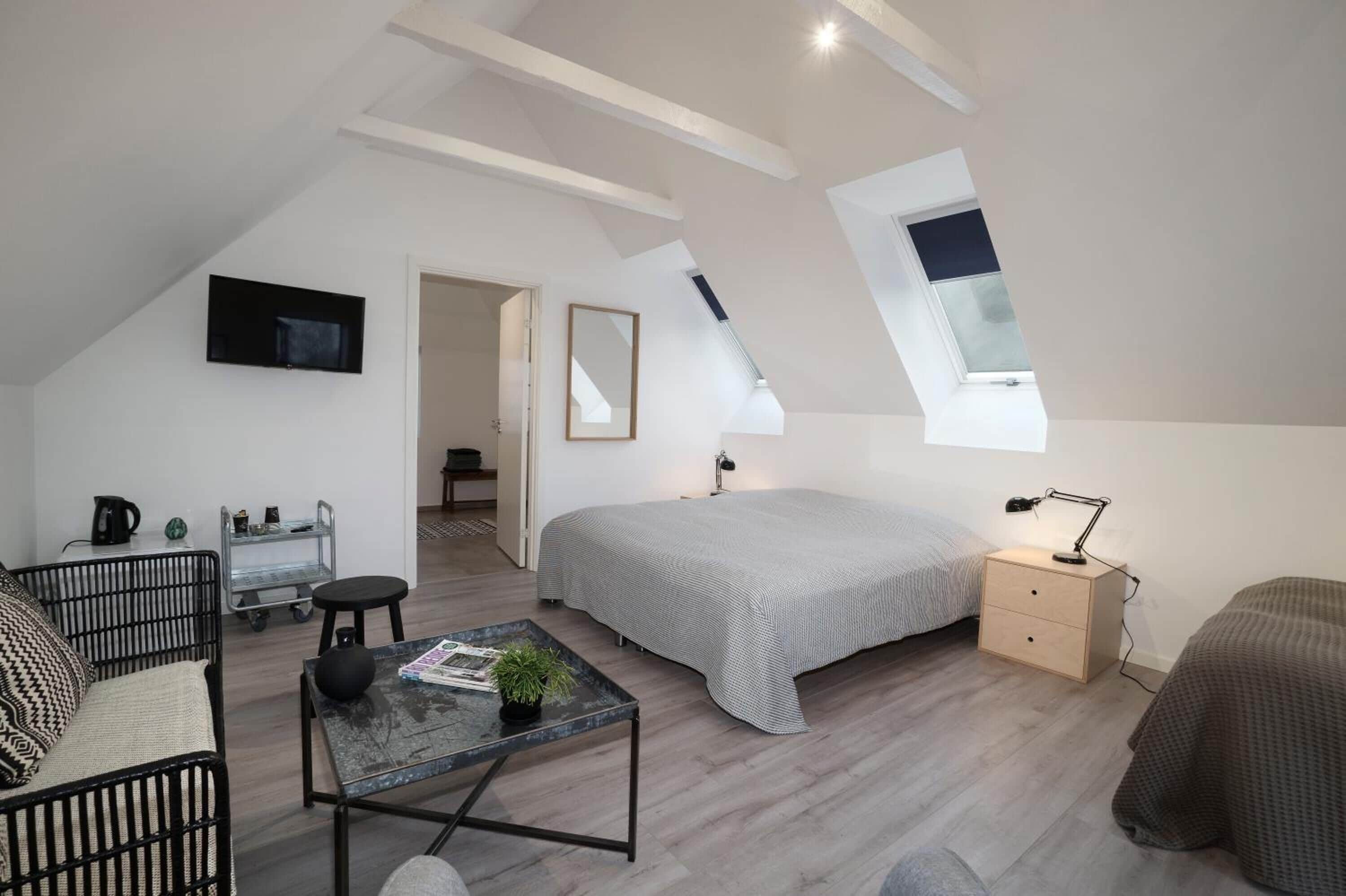 A modern, well-lit room with a sloped ceiling, a bed with a grey bedspread, a small table with a plant, a black sofa, and a nightstand with a lamp.