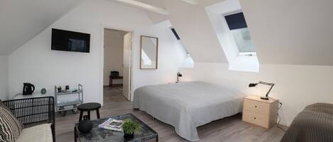 A modern, well-lit room with a sloped ceiling, a bed with a grey bedspread, a small table with a plant, a black sofa, and a nightstand with a lamp.