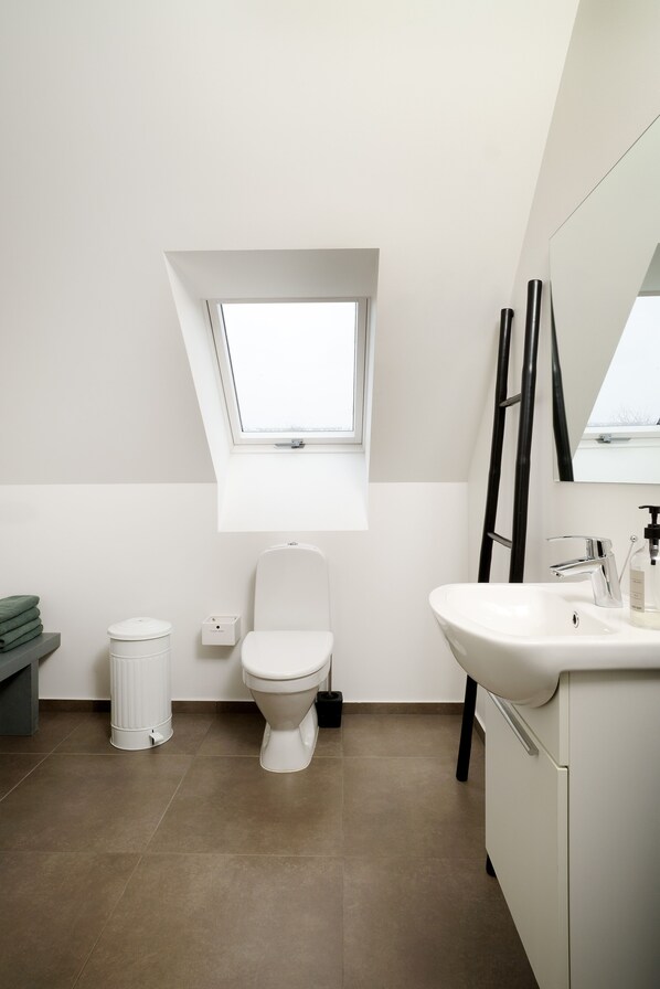 Un baño moderno con tragaluz, inodoro, lavabo y un cesto de basura.
