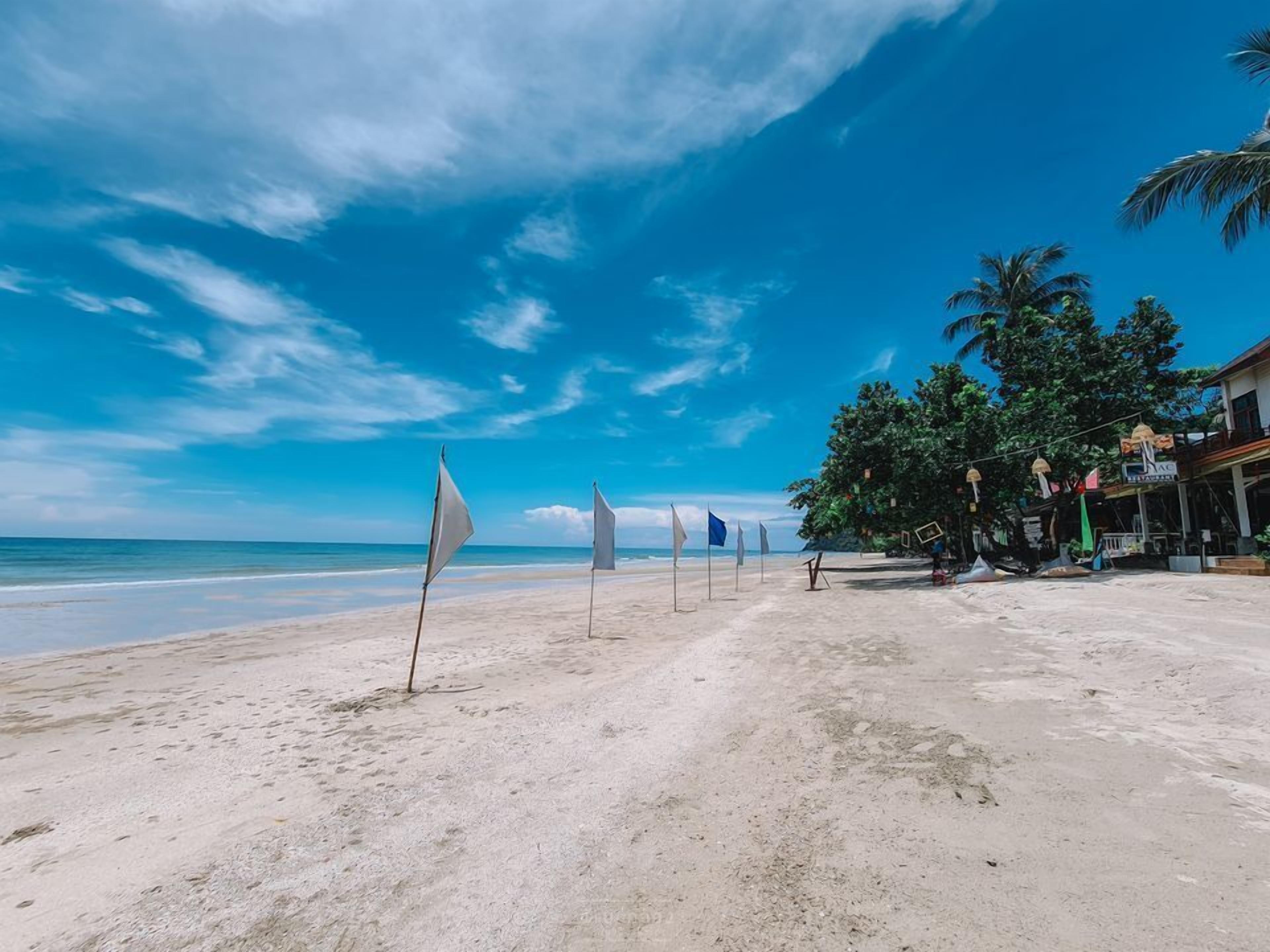 A beach with flags, palm trees, and a building with a sign.