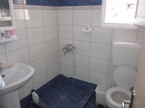 Shower, free toiletries, hair dryer, towels