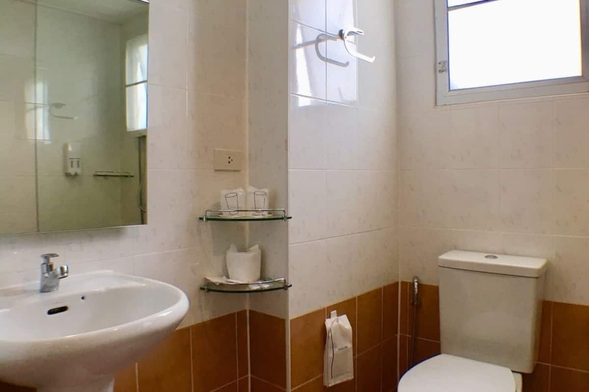 standard double room | bathroom | shower, free toiletries, hair dryer, towels