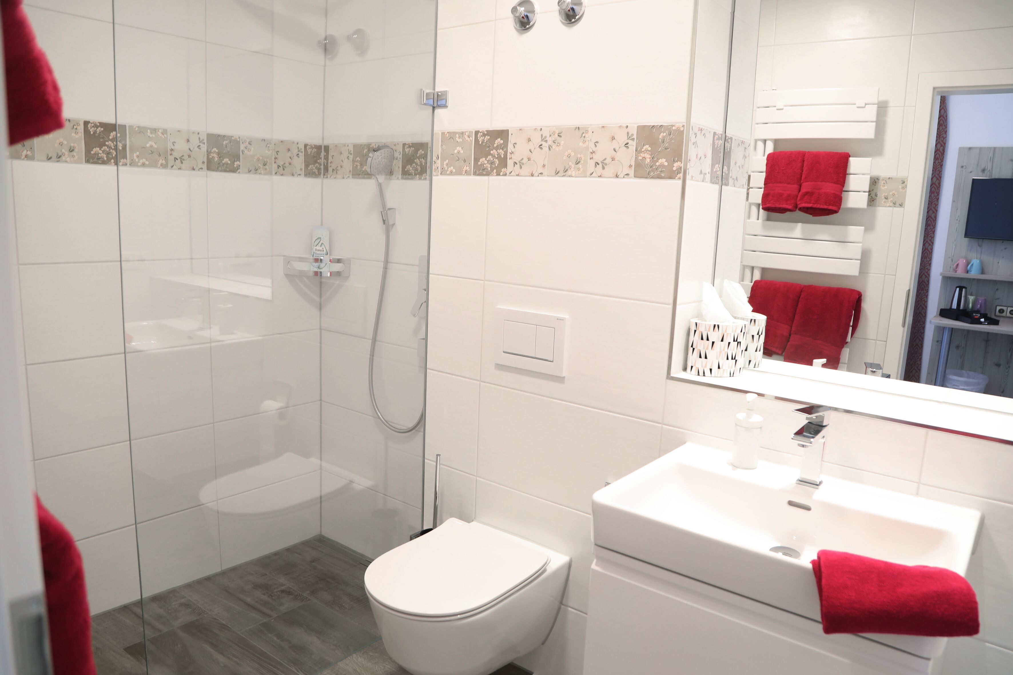 family room | bathroom | shower, hair dryer, towels