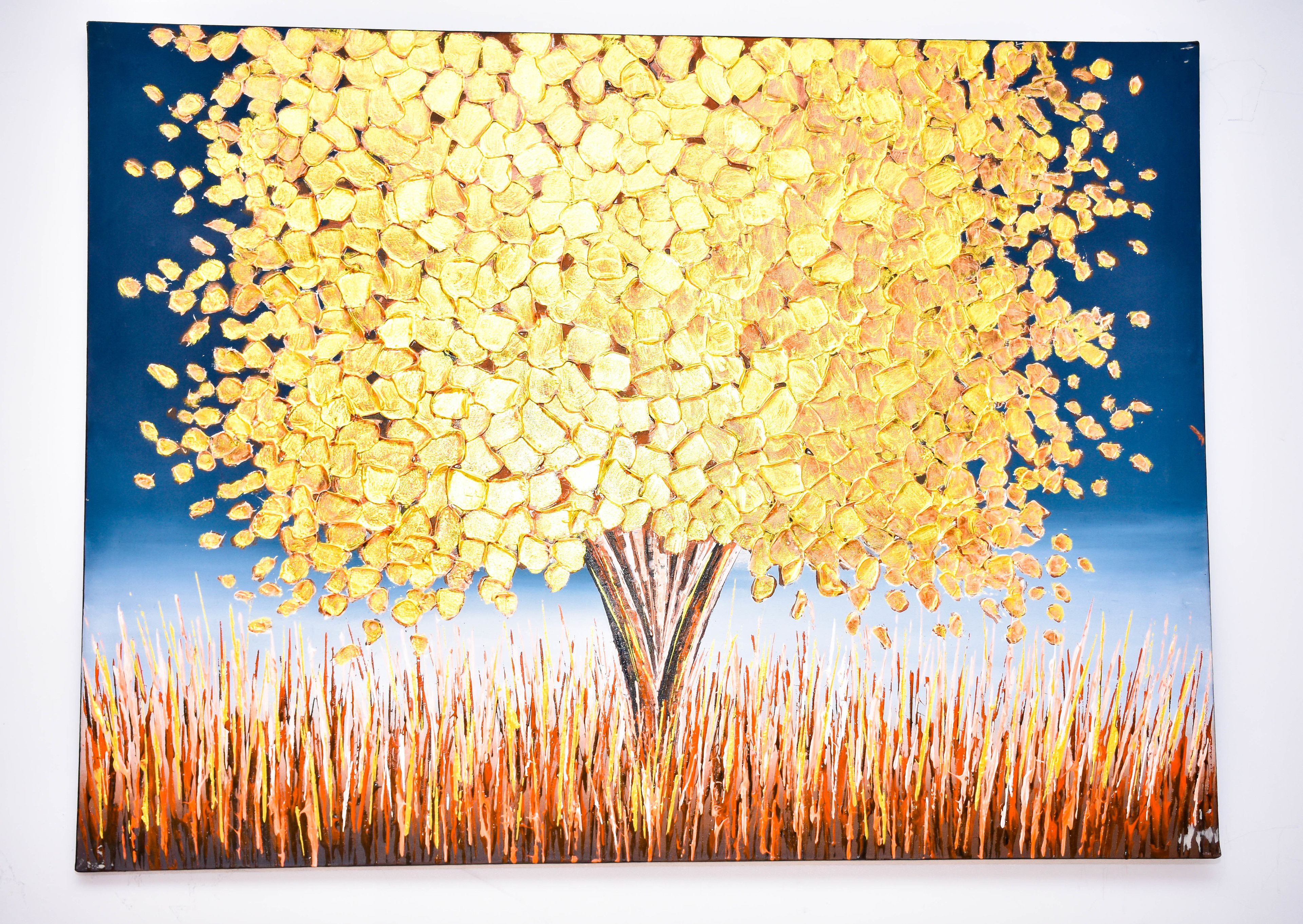 A painting of a tree with golden leaves against a blue sky.