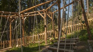 Un puente colgante de madera con cuerdas y tablones, rodeado de árboles.