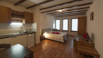 Fridge, microwave, stovetop, cookware/dishes/utensils