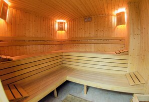 A sauna with wooden benches and wall-mounted lights. - Green Life Family Apartments Pamporovo (Chepelare)