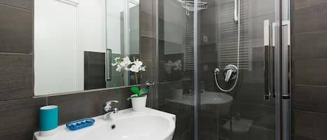 Chambre triple de base, vue sur la ville | Douche de la salle de bain