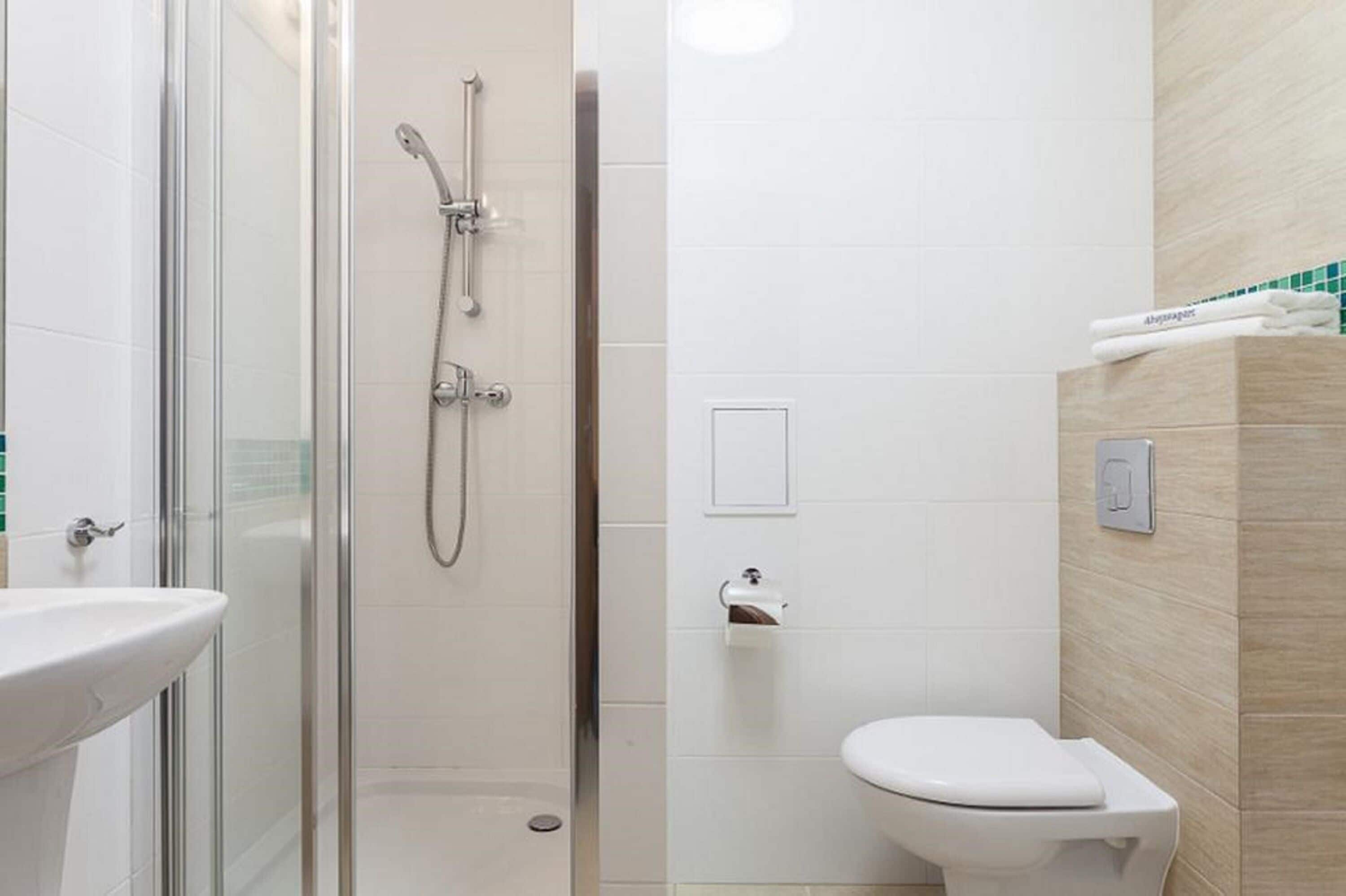 Une salle de bain moderne avec une douche à parois de verre, un lavabo blanc et des toilettes.