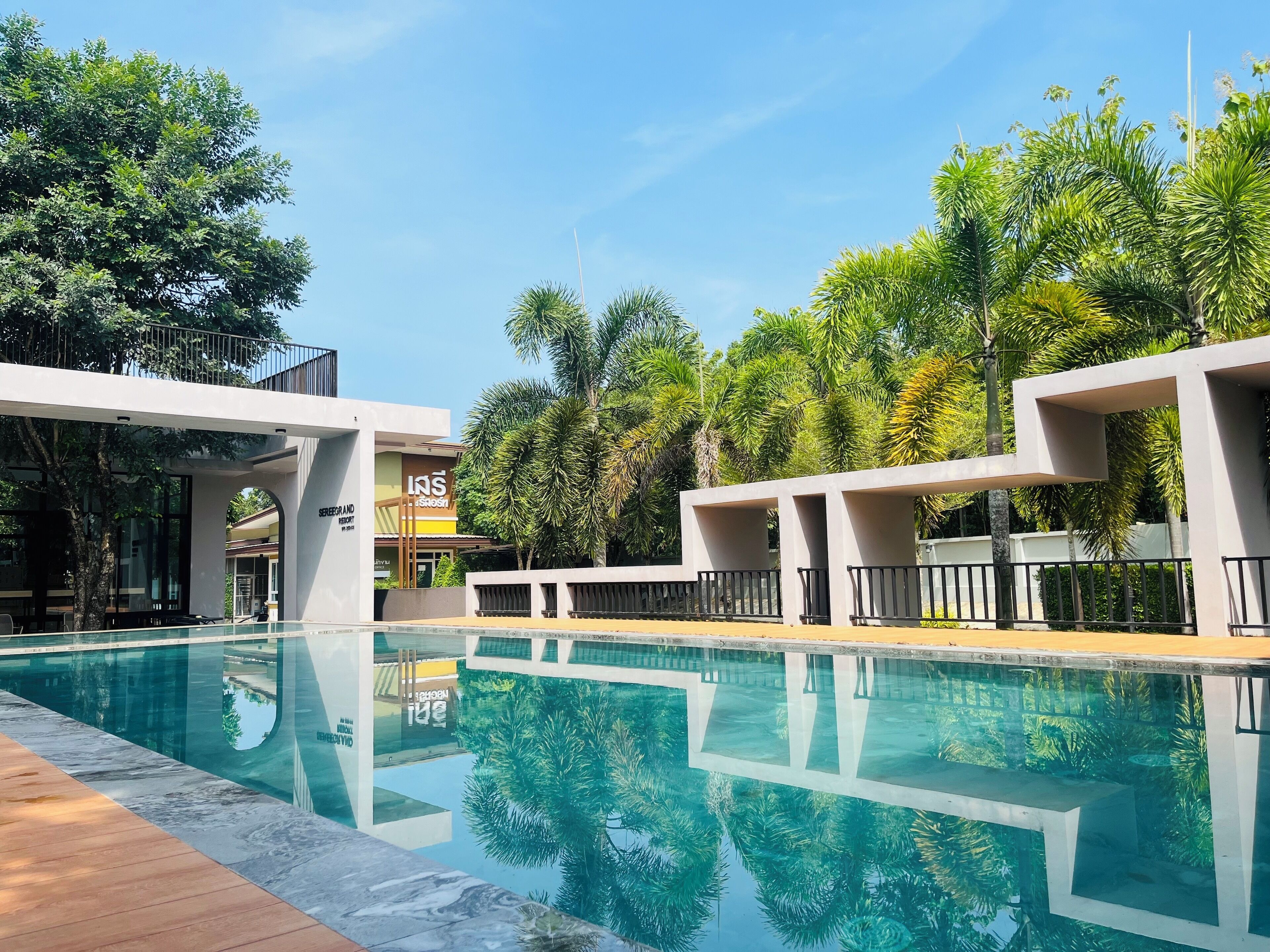 A swimming pool with clear water, surrounded by trees and modern architecture.